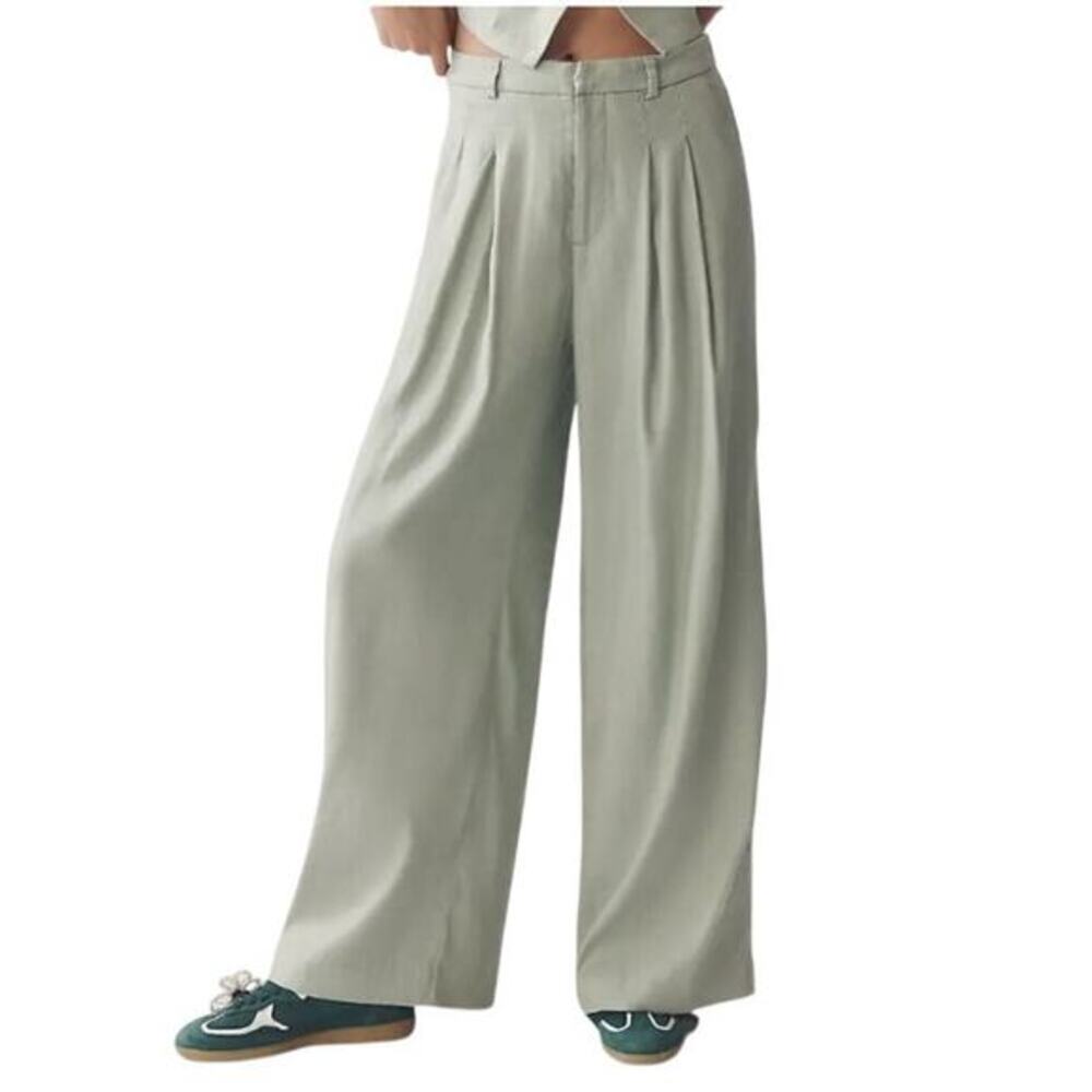 Anthropologie Maeve Pleated Wide-leg Trousers Sage Green Linen Blend size ST